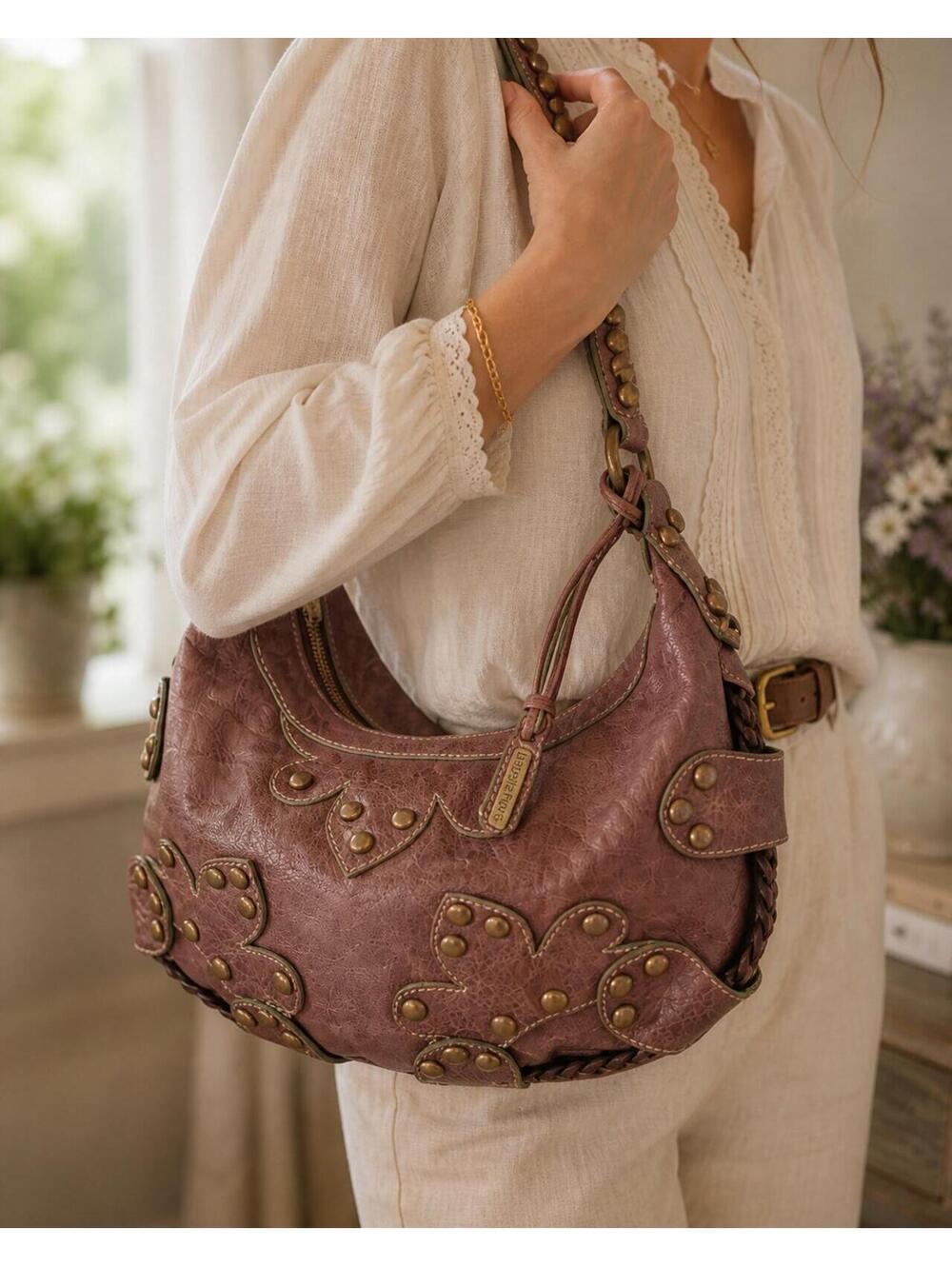 Isabella Fiore Leather Hobo Shoulder Bag Purse Womens Large Brown Studded Boho